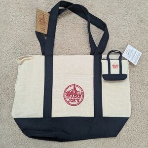 Trader Joe's Canvas Tote Bags Set Of Two Navy - One Large, One Micro Size BNWT